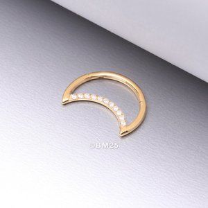 Pure24K Implant Grade Titanium Gem Lined Crescent Moon Seamless Clicker Ring